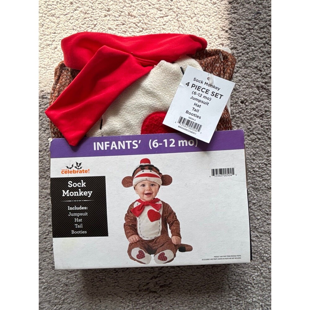 Way to Celebrate! Sock Monkey Infant Costume Set 6-12 month Polyester, 4pc NEW